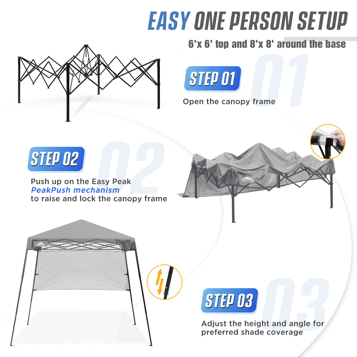 EAGLE PEAK 8x8 Pop Up Canopy Tent with Sidewall, 8x8 Base 6x6 Top