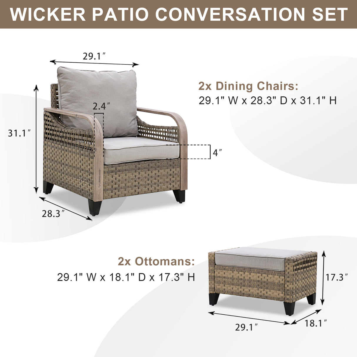 Modern Wicker Outdoor Chair,2 Chairs 2 Ottomans, 4 Pieces, Brown/Gray