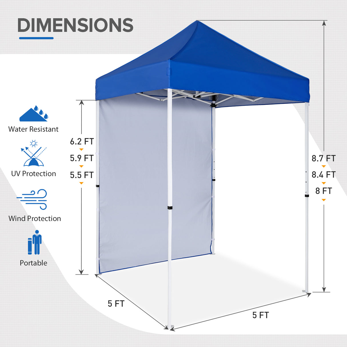 5x5 Straight Leg Pop Up Canopy Tent with One Removable Sunwall