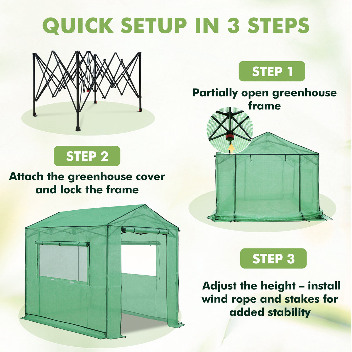 6x6/ 6x8/ 8x8/ 10x10 Pop Up Walk In Greenhouse, Easy Setup, Gable Roof
