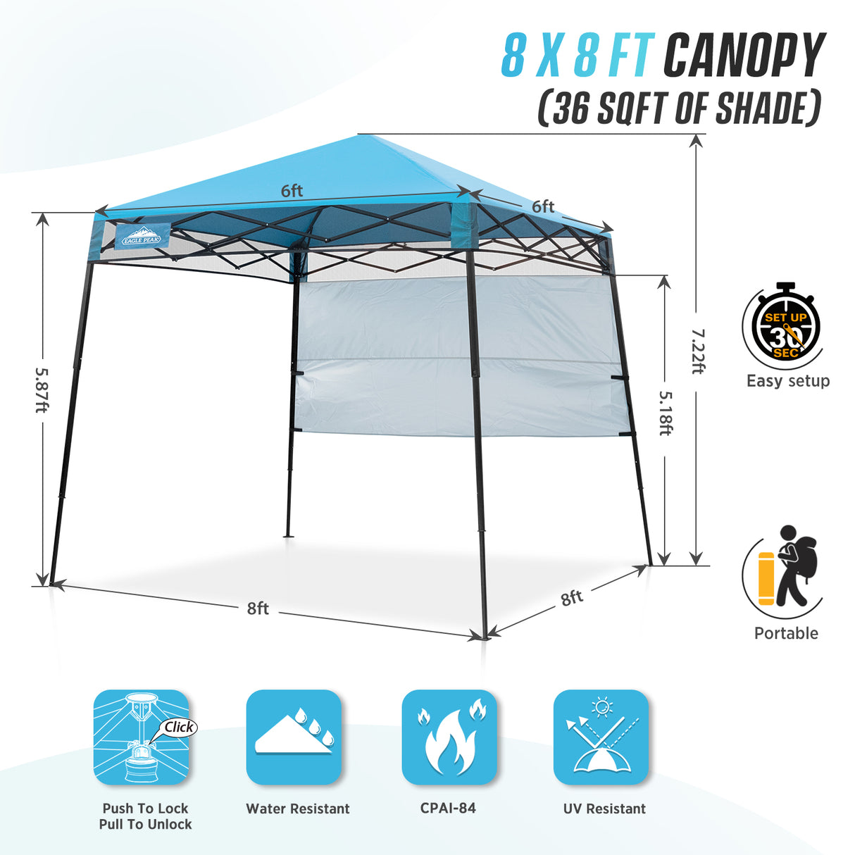 EAGLE PEAK 8x8 Pop Up Canopy Tent with Sidewall, 8x8 Base 6x6 Top