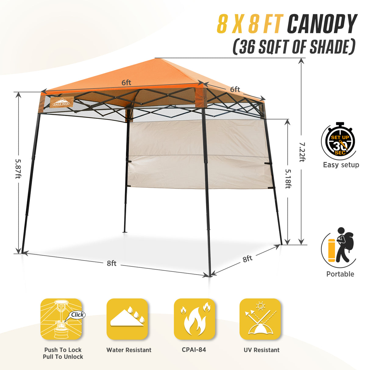 EAGLE PEAK 8x8 Pop Up Canopy Tent with Sidewall, 8x8 Base 6x6 Top