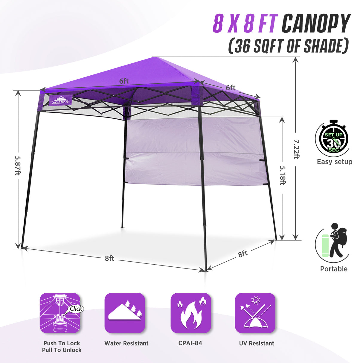 EAGLE PEAK 8x8 Pop Up Canopy Tent with Sidewall, 8x8 Base 6x6 Top