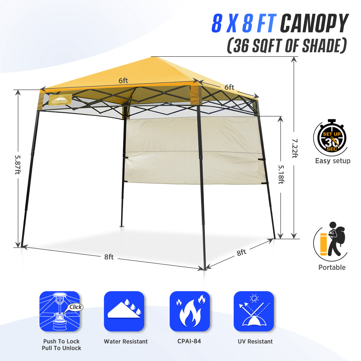 EAGLE PEAK 8x8 Pop Up Canopy Tent with Sidewall, 8x8 Base 6x6 Top