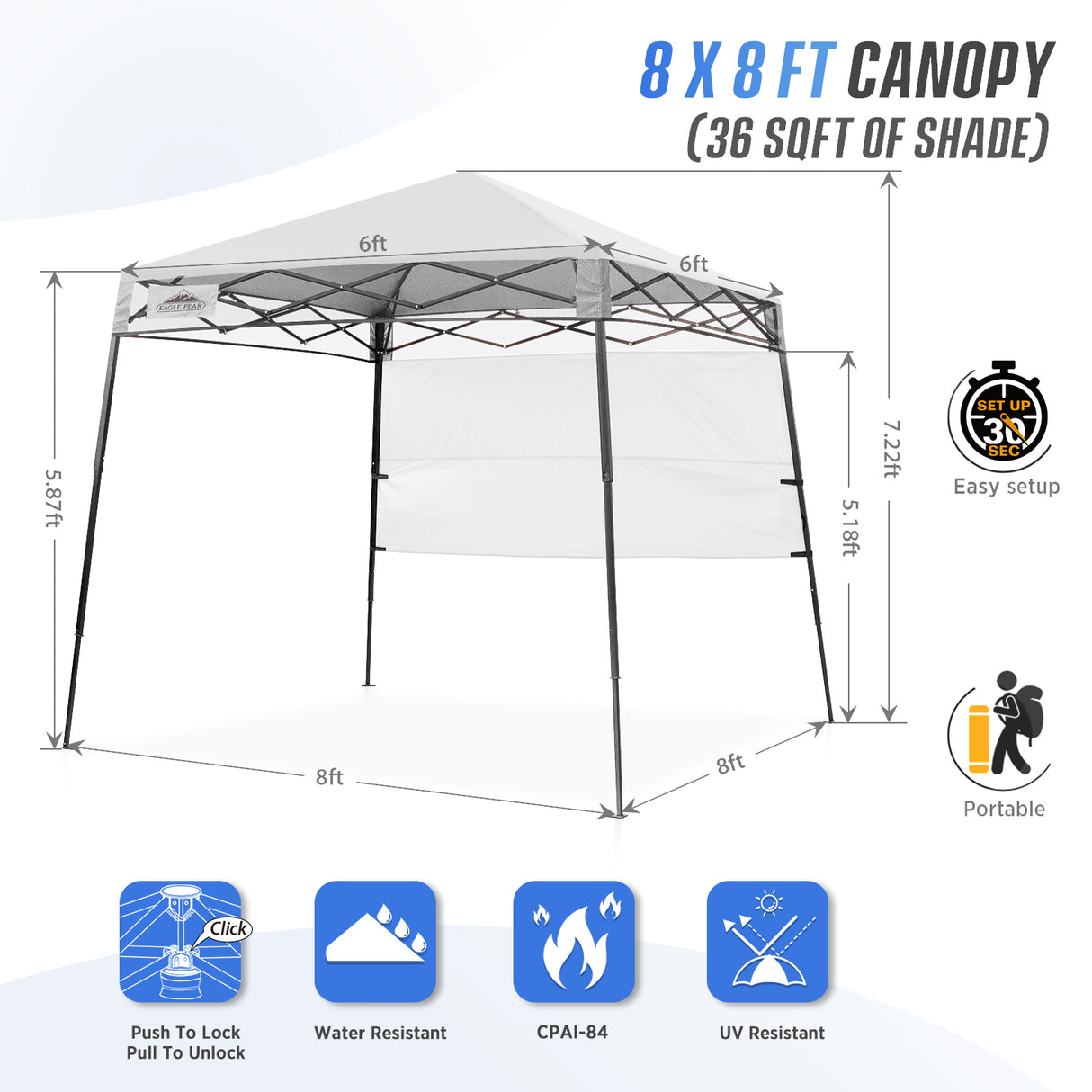 EAGLE PEAK 8x8 Pop Up Canopy Tent with Sidewall, 8x8 Base 6x6 Top