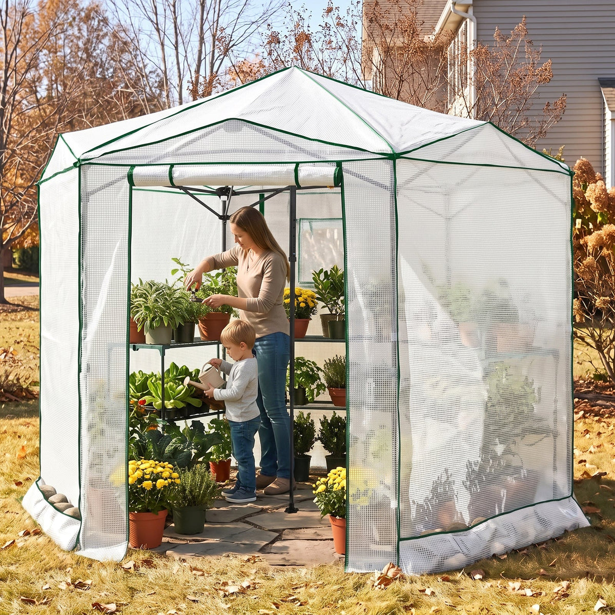 6.6x6.6/8.5x8.5 Easy Setup Pop Up Greenhouse, Hexagon - Eagle Peak®