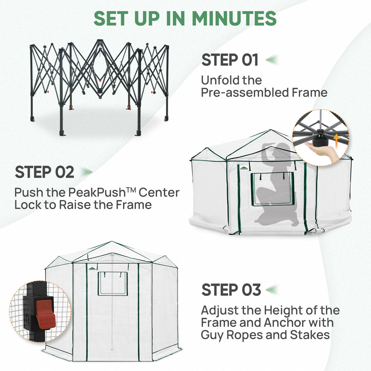 6.6x6.6/8.5x8.5 Easy Setup Pop Up Greenhouse, Hexagon - Eagle Peak®
