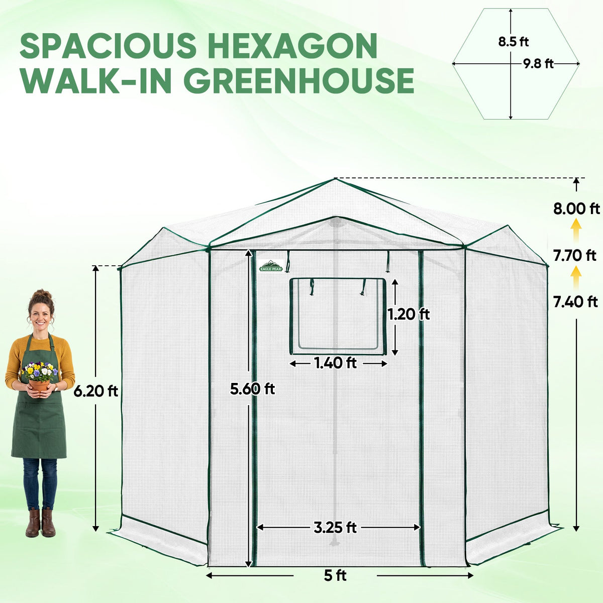 6.6x6.6/8.5x8.5 Easy Setup Pop Up Greenhouse, Hexagon - Eagle Peak®