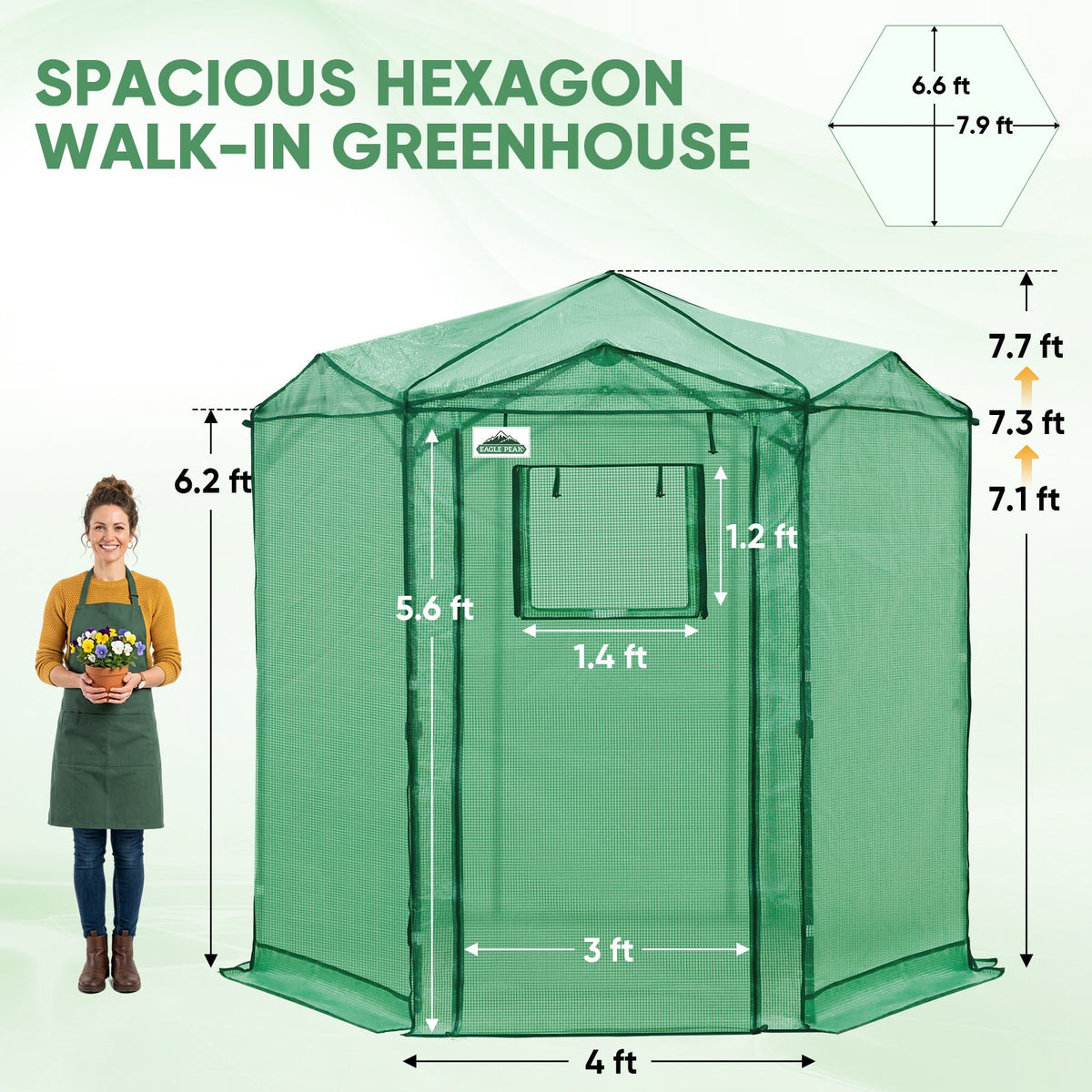 6.6x6.6/8.5x8.5 Easy Setup Pop Up Greenhouse, Hexagon - Eagle Peak®