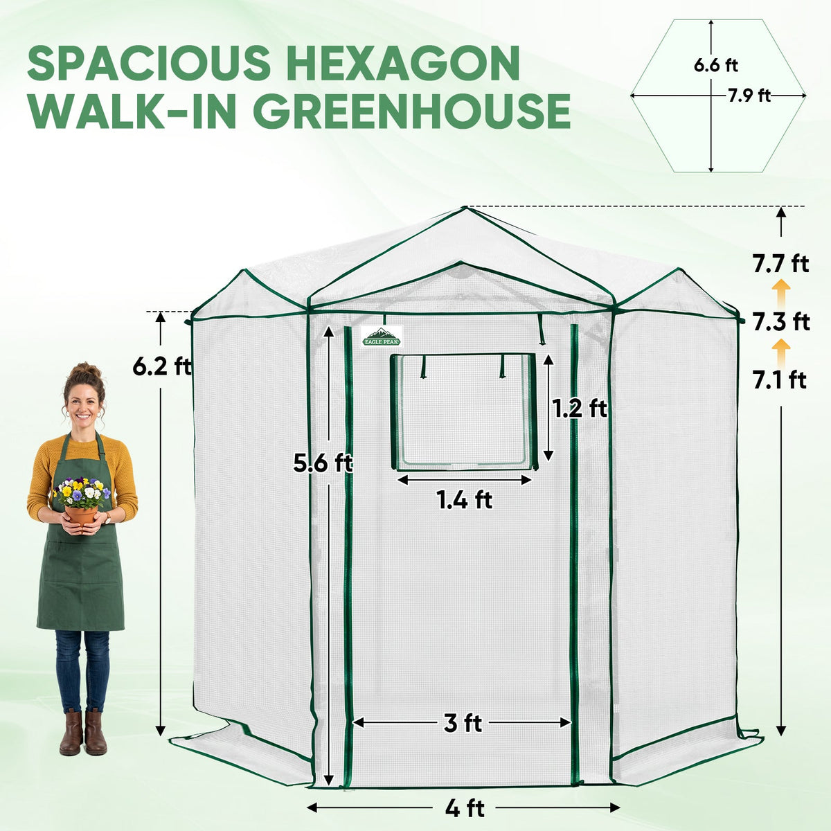 6.6x6.6/8.5x8.5 Easy Setup Pop Up Greenhouse, Hexagon - Eagle Peak®