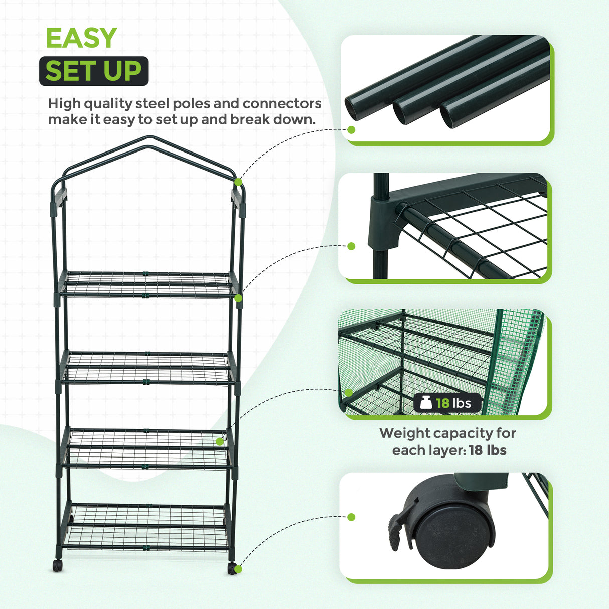 EAGLE PEAK Mini Greenhouse with Wire Shelves,4 Tier, with Wheels