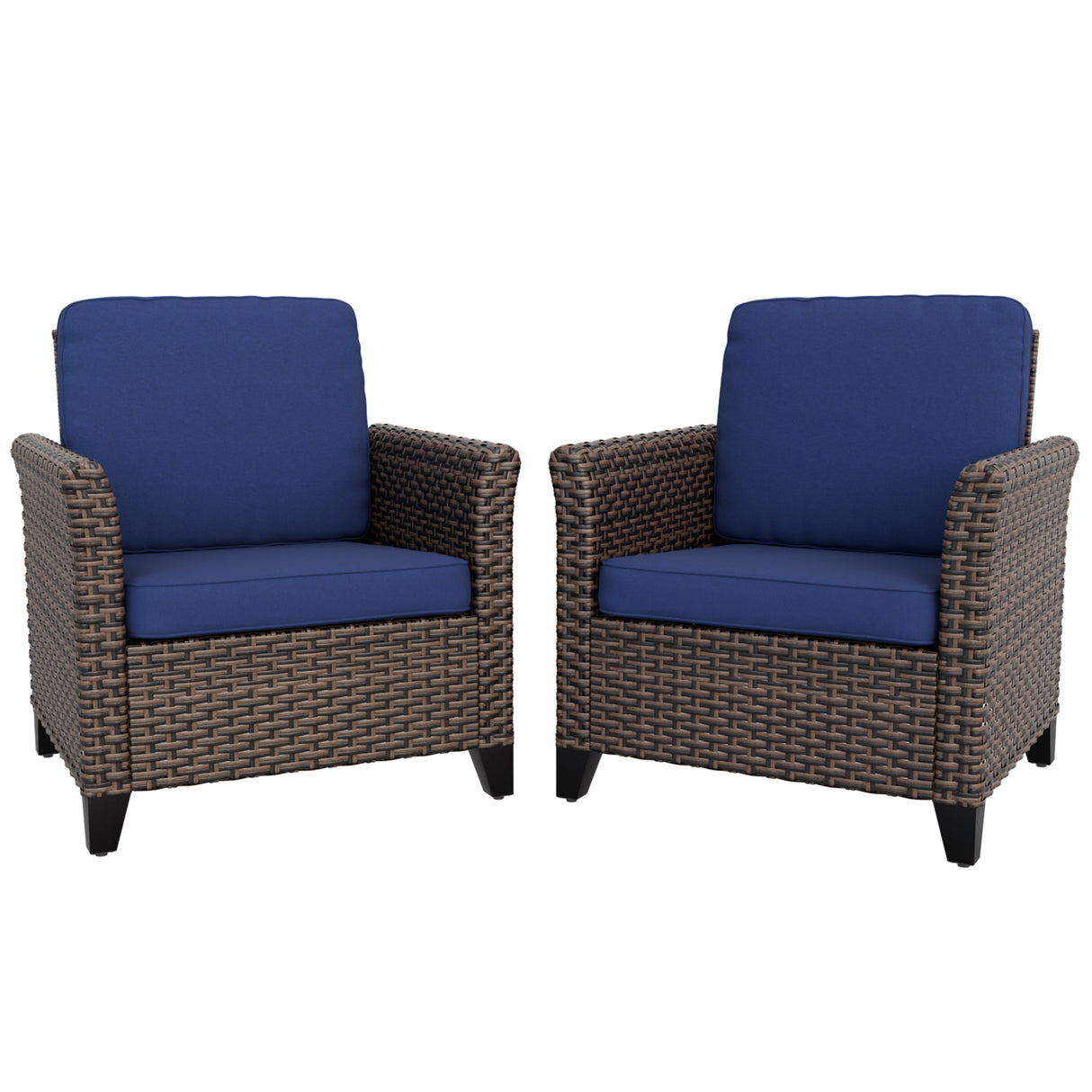 Ocean Vista Outdoor Wicker Patio Chairs Deep Cushions Rattan Furniture, Set of 2 Patio Chairs, Beige/Blue