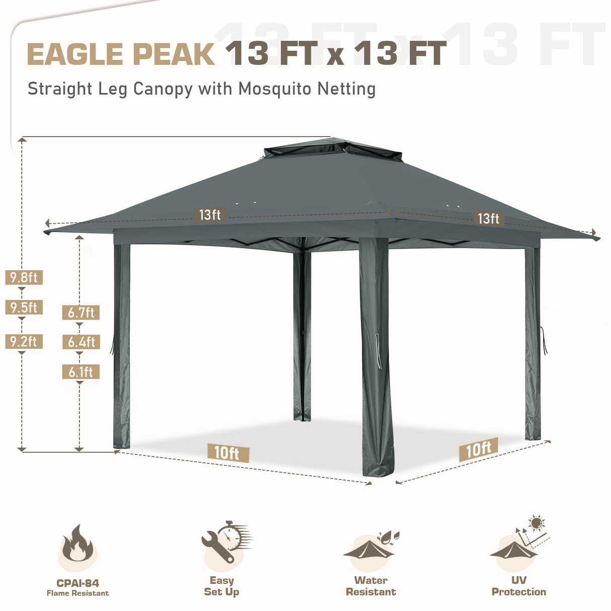 13x13 Pop Up Gazebo with Netting w/ 169 sqft of Shade - Eagle Peak Custom Canopy Tent