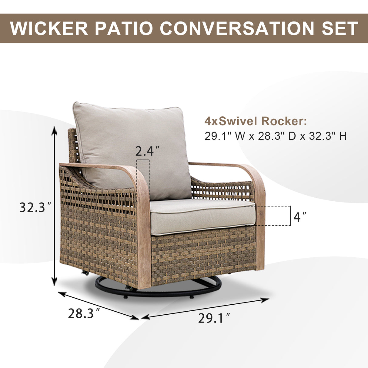 Modern Wicker Outdoor Glider Rocking Chair,4 Chairs, Brown/Gray