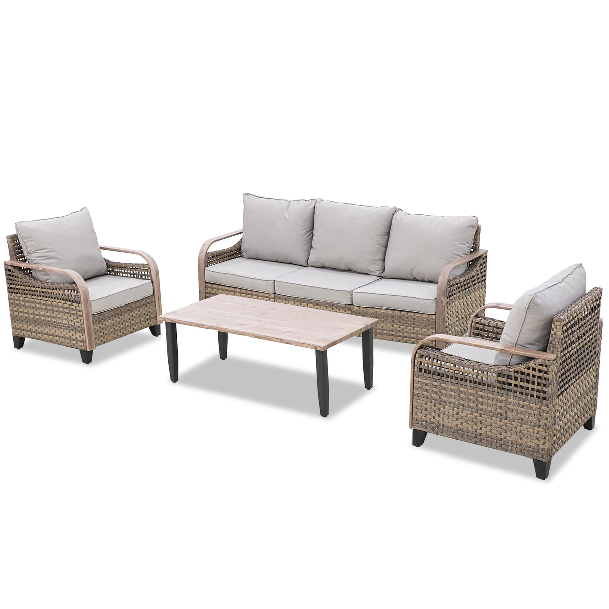 Modern Wicker Outdoor Patio Furniture Set,2 Patio Chairs, 3-Seat Loveseat and Coffee Table, 4 Pieces, Brown/Gray