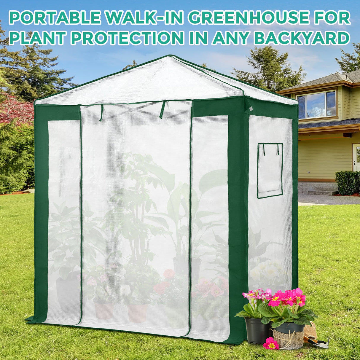 6x4/8x6/10x10 Portable Walk in Greenhouse with Polyester Reinforced Corners, Gray/White, Green/White - Eagle Peak Custom Canopy Tent