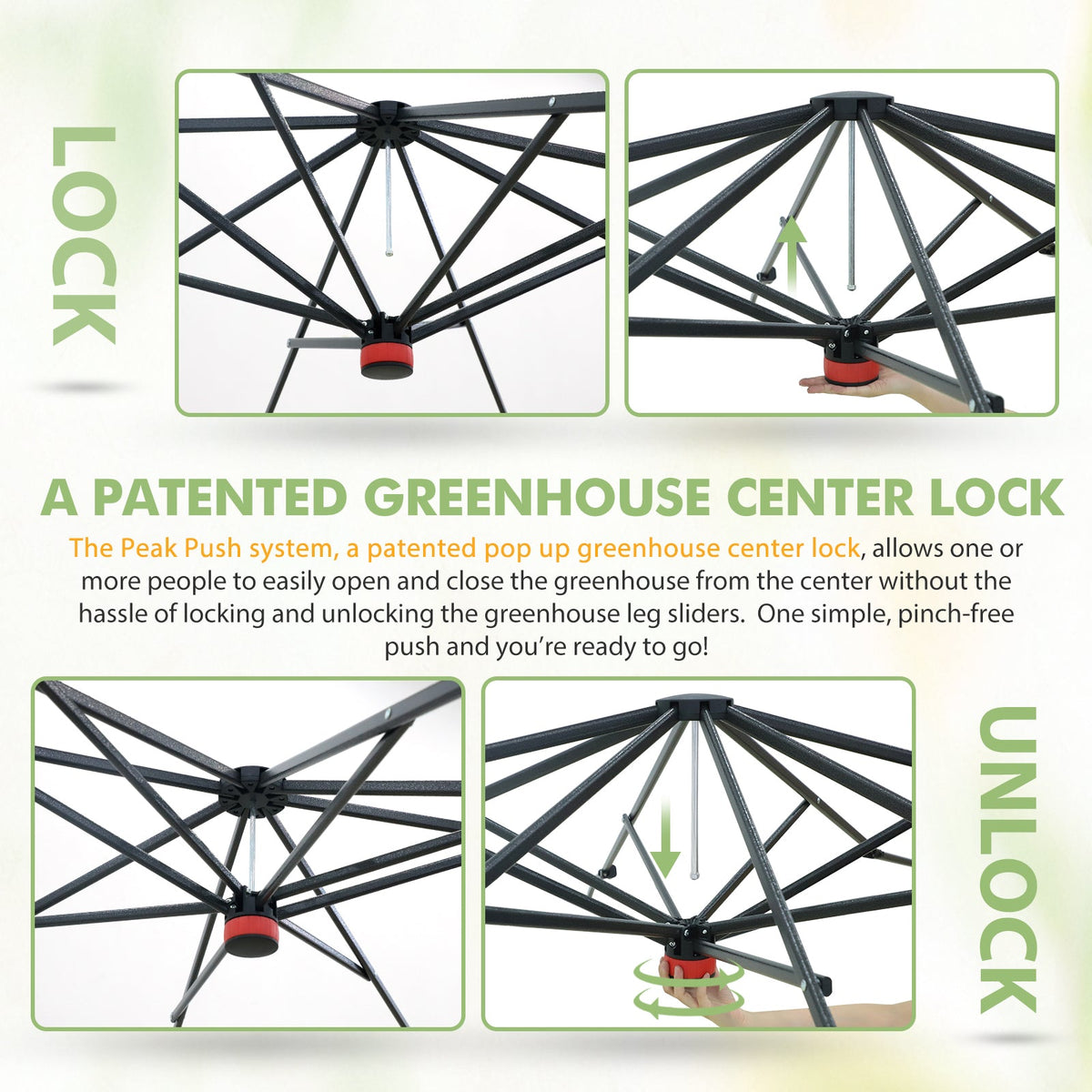 6x6/ 8x8/ 10x10 Portable Pop Up Greenhouse, Patented Center Lock with Gable Roof - Eagle Peak®
