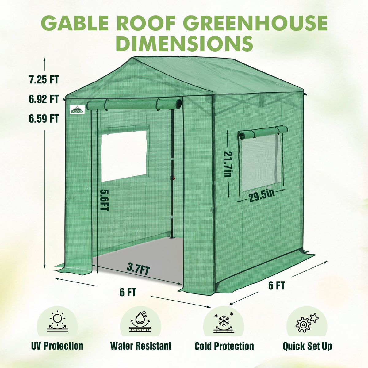 6x6/ 8x8/ 10x10 Portable Pop Up Greenhouse, Patented Center Lock with Gable Roof - Eagle Peak®