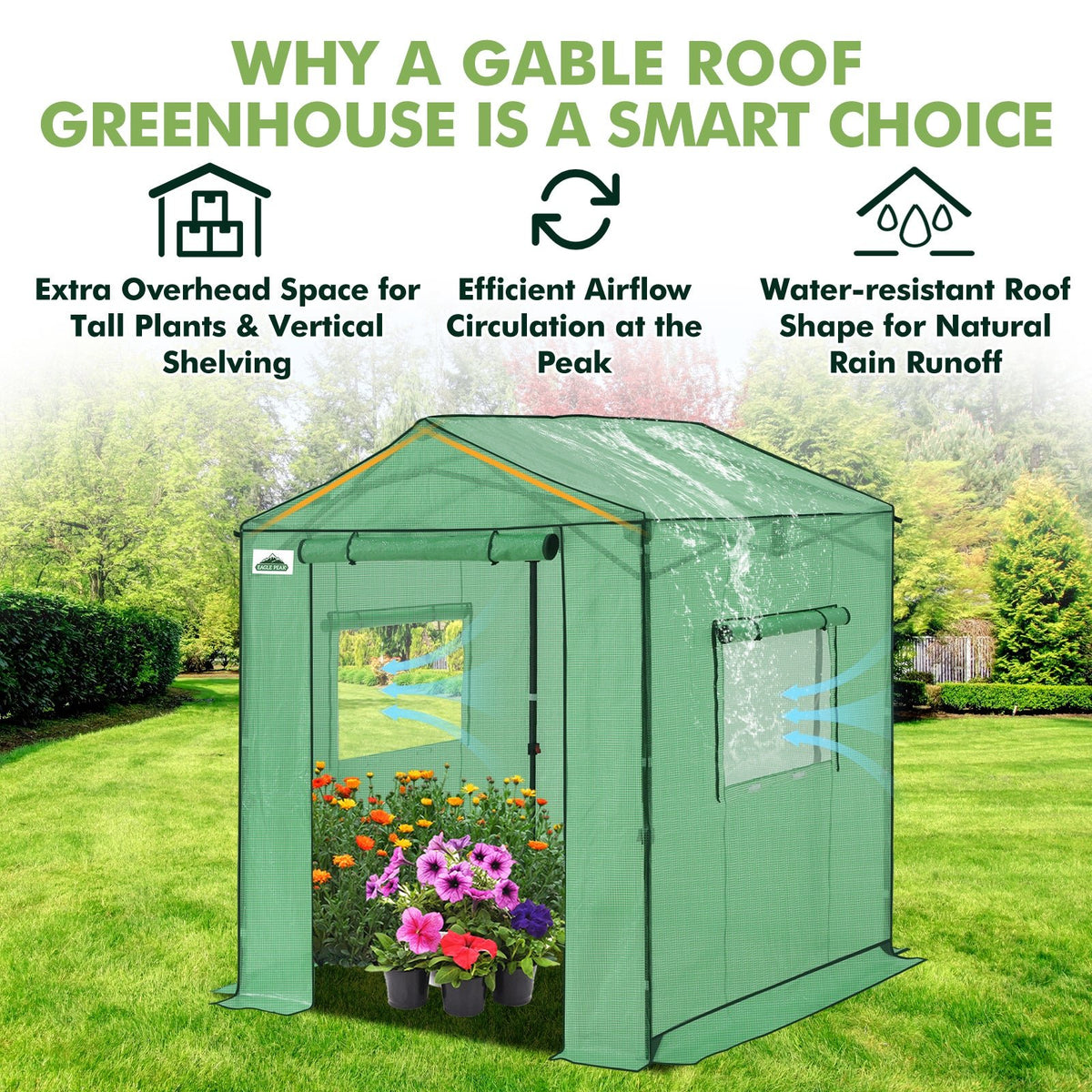 6x6/ 8x8/ 10x10 Portable Pop Up Greenhouse, Patented Center Lock with Gable Roof - Eagle Peak®