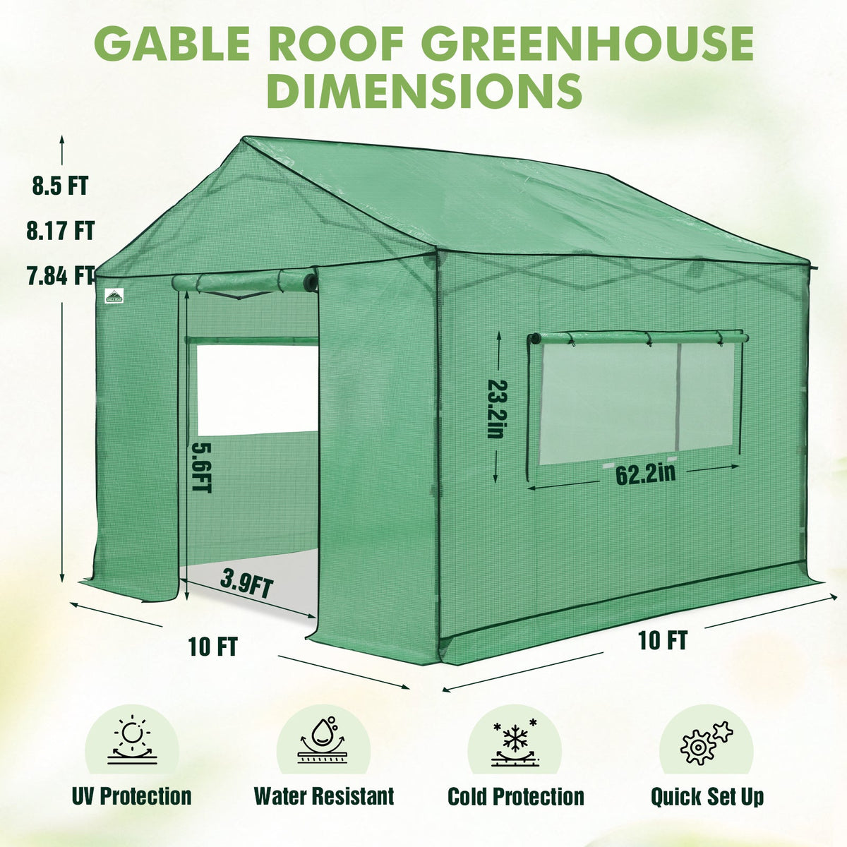 6x6/ 8x8/ 10x10 Portable Pop Up Greenhouse, Patented Center Lock with Gable Roof - Eagle Peak®