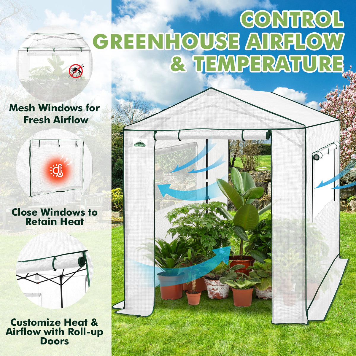 6x6/ 8x8/ 10x10 Portable Pop Up Greenhouse, Patented Center Lock with Gable Roof - Eagle Peak®