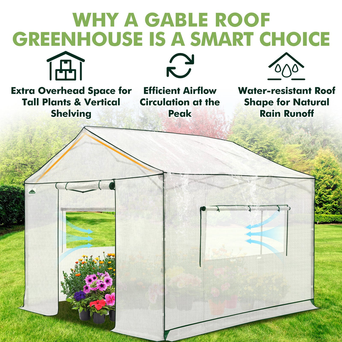 6x6/ 8x8/ 10x10 Portable Pop Up Greenhouse, Patented Center Lock with Gable Roof - Eagle Peak®