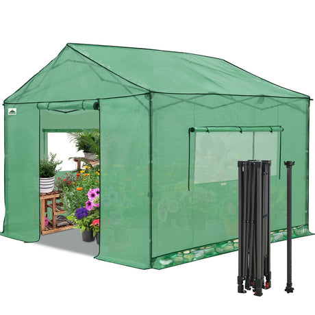 6x6/ 8x8/ 10x10 Portable Pop Up Greenhouse, Patented Center Lock with Gable Roof - Eagle Peak
