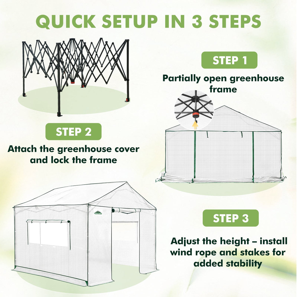 6x6/ 8x8/ 10x10 Portable Pop Up Greenhouse, Patented Center Lock with Gable Roof - Eagle Peak®