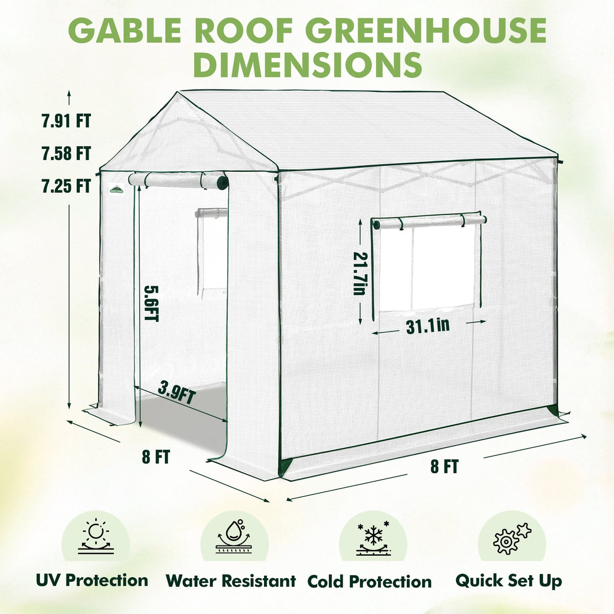 6x6/ 8x8/ 10x10 Portable Pop Up Greenhouse, Patented Center Lock with Gable Roof - Eagle Peak®