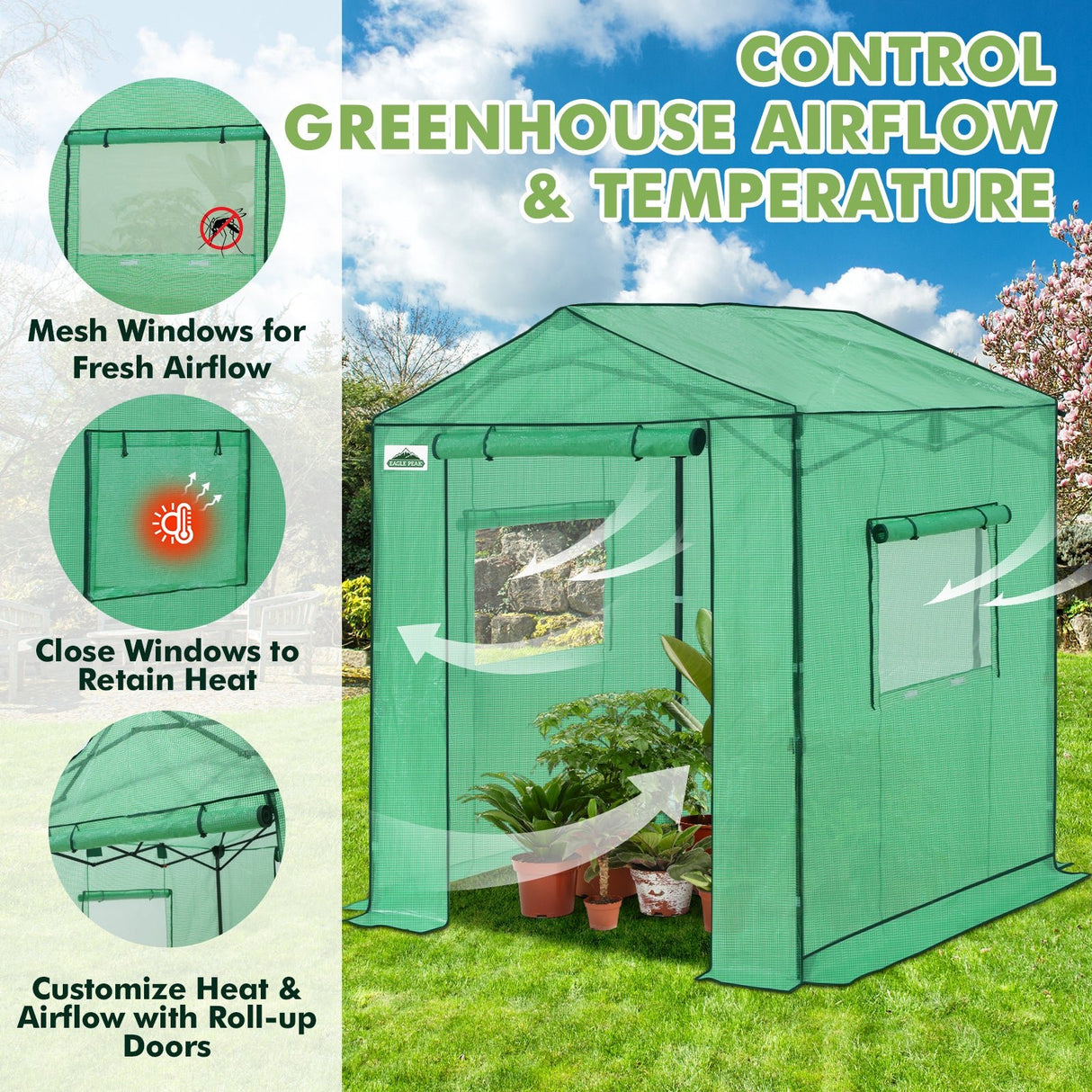 6x6/ 8x8/ 10x10 Portable Pop Up Greenhouse, Patented Center Lock with Gable Roof - Eagle Peak Custom Canopy Tent
