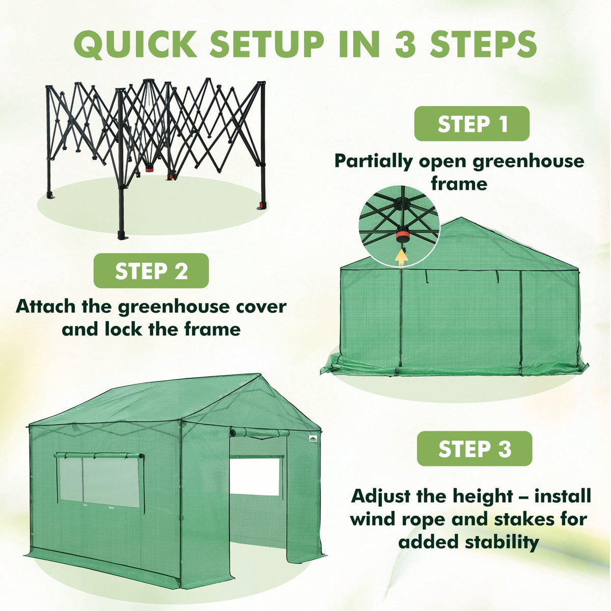 6x6/ 8x8/ 10x10 Portable Pop Up Greenhouse, Patented Center Lock with Gable Roof - Eagle Peak®
