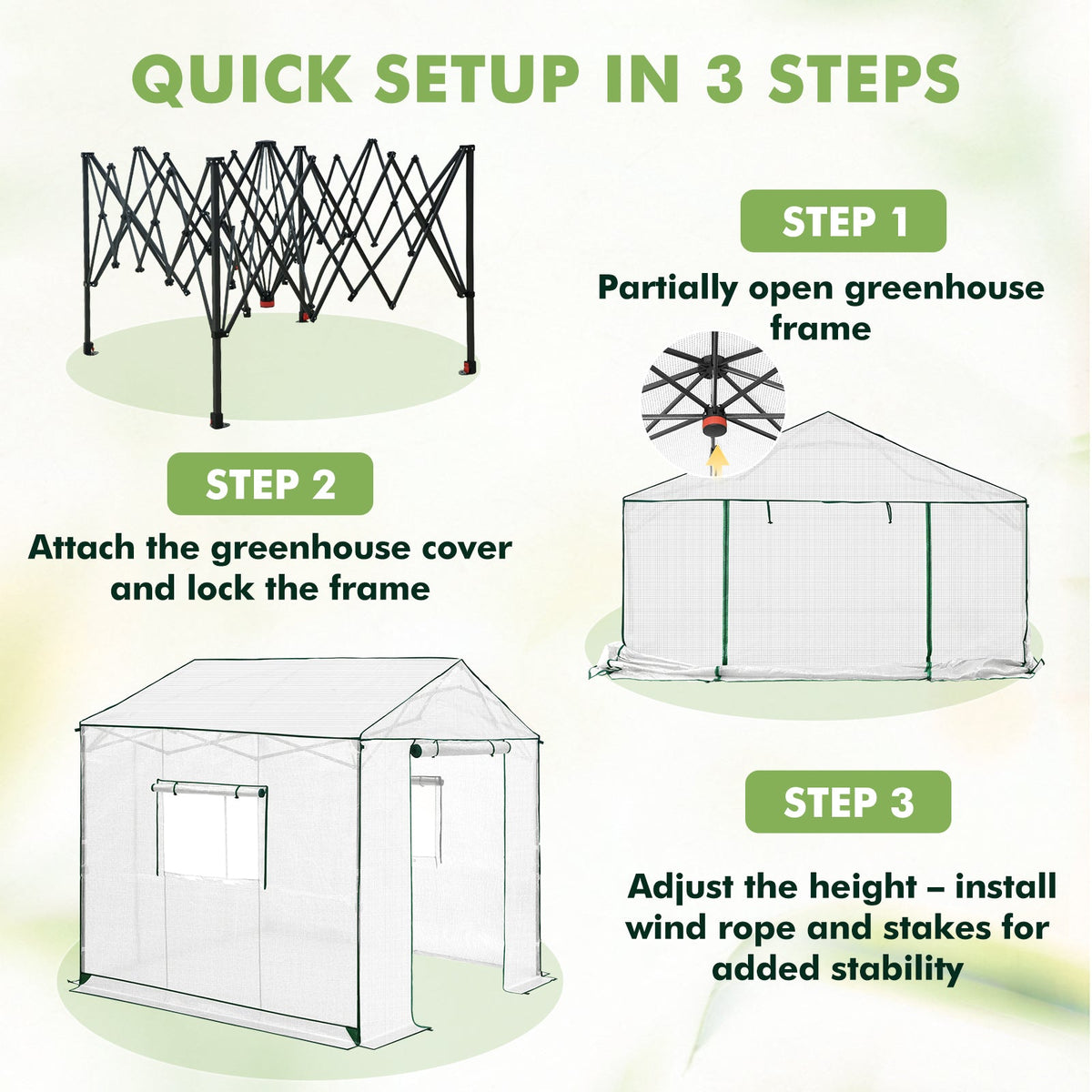 6x6/ 8x8/ 10x10 Portable Pop Up Greenhouse, Patented Center Lock with Gable Roof - Eagle Peak®