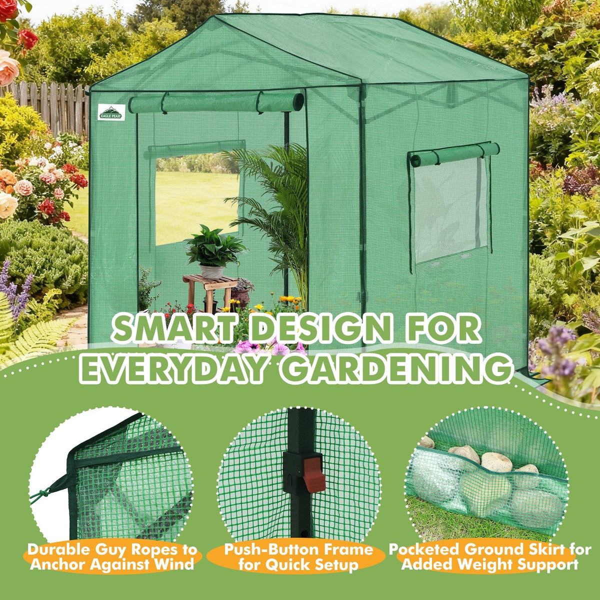 6x6/ 8x8/ 10x10 Portable Pop Up Greenhouse, Patented Center Lock with Gable Roof - Eagle Peak®