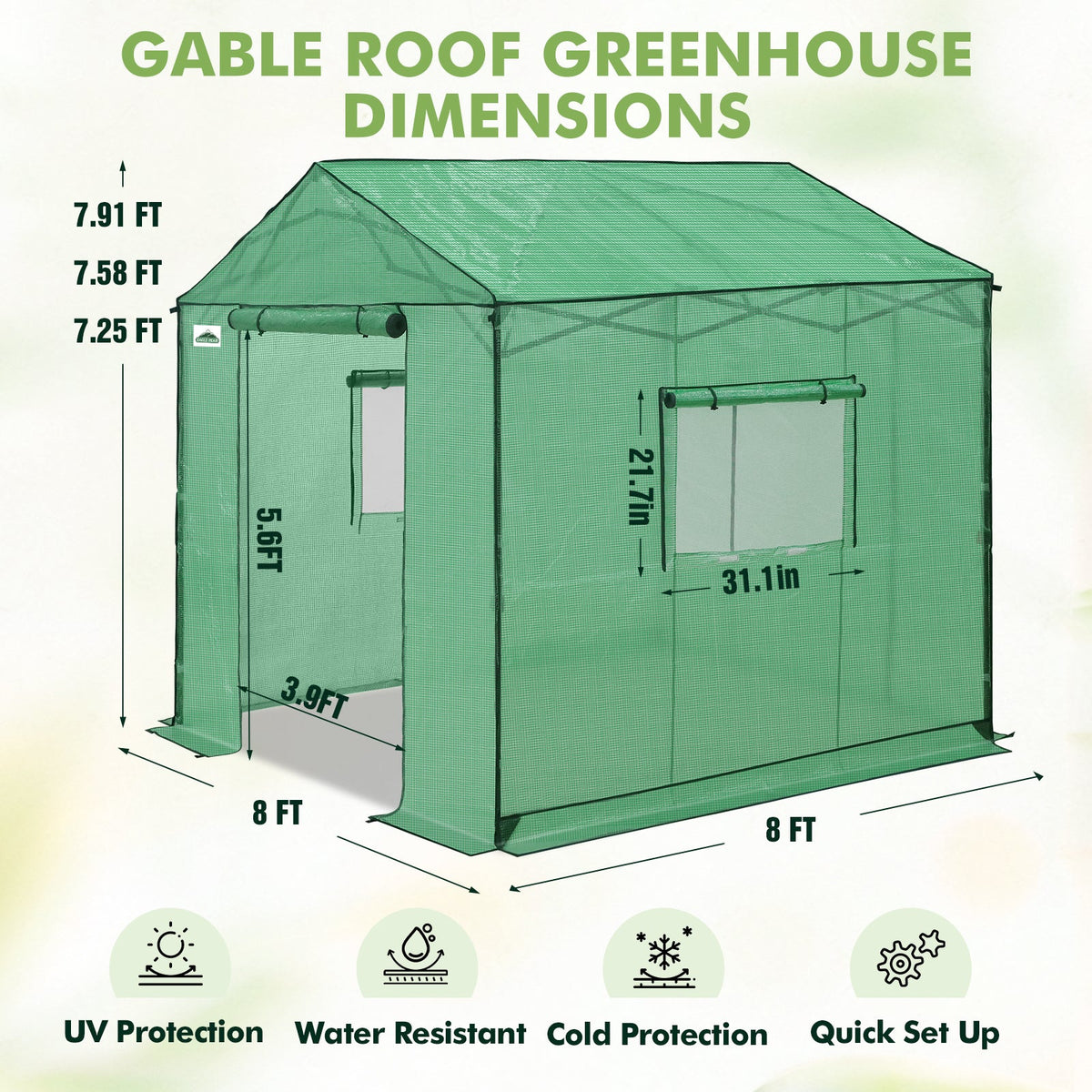 6x6/ 8x8/ 10x10 Portable Pop Up Greenhouse, Patented Center Lock with Gable Roof - Eagle Peak®