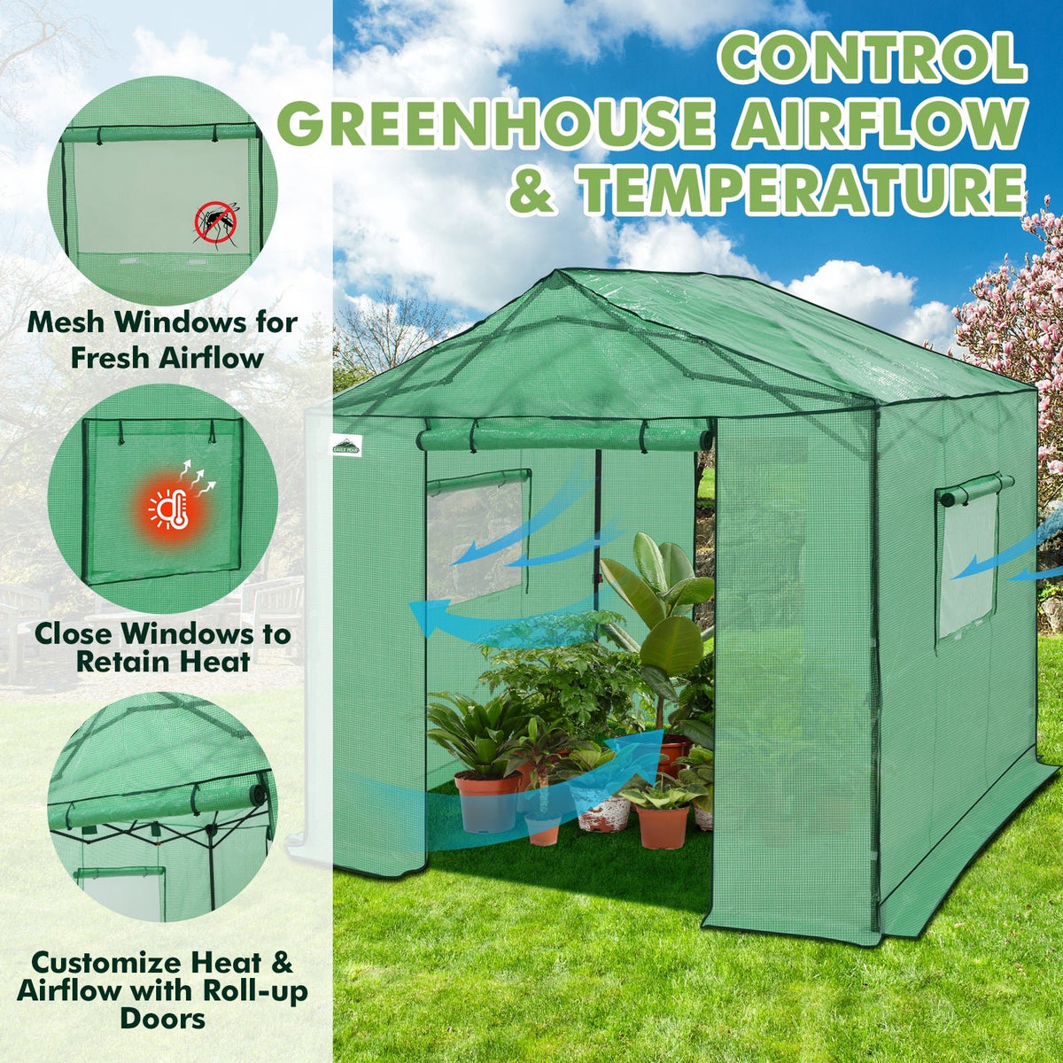 6x6/ 8x8/ 10x10 Portable Pop Up Greenhouse, Patented Center Lock with Gable Roof - Eagle Peak®