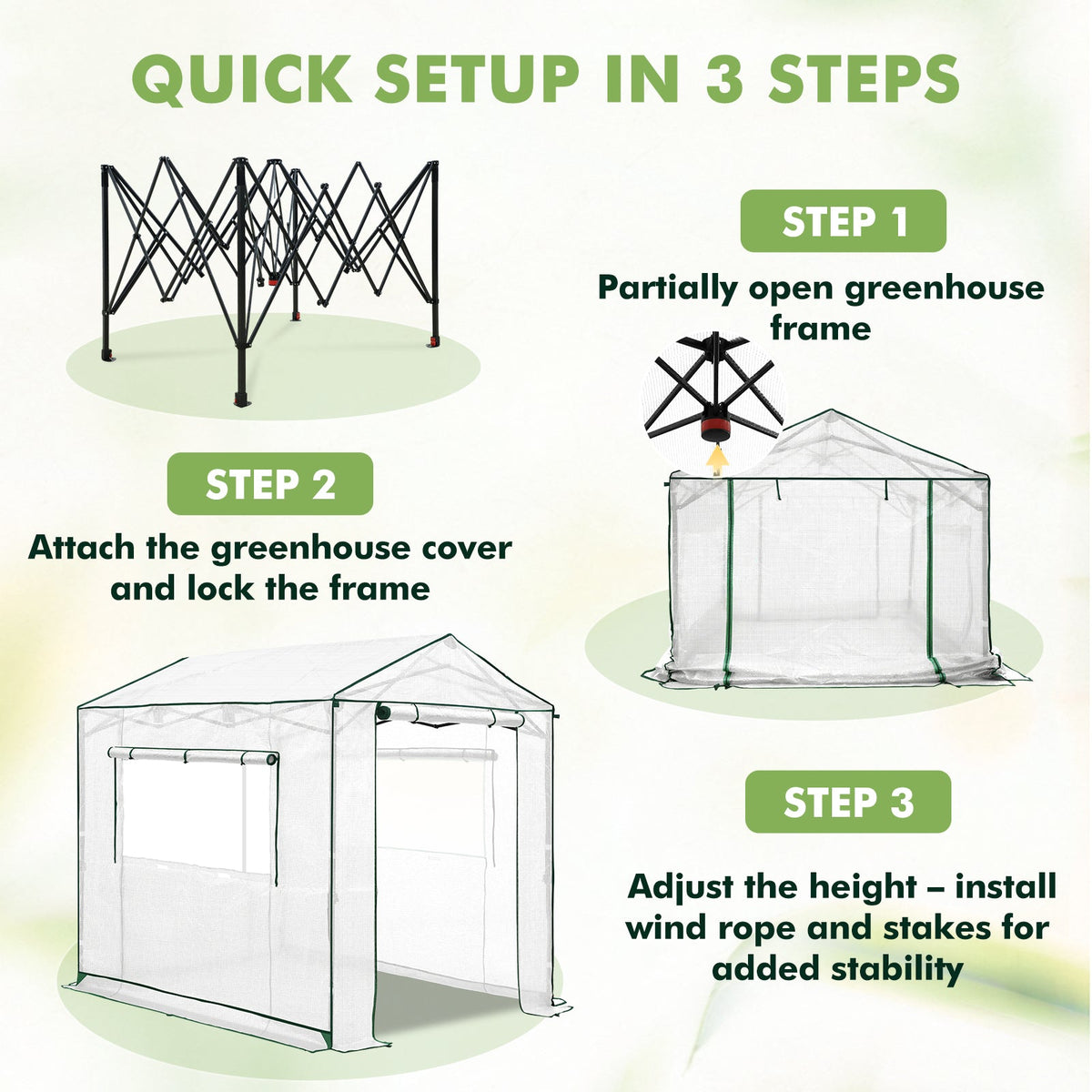 6x6/ 8x8/ 10x10 Portable Pop Up Greenhouse, Patented Center Lock with Gable Roof - Eagle Peak®