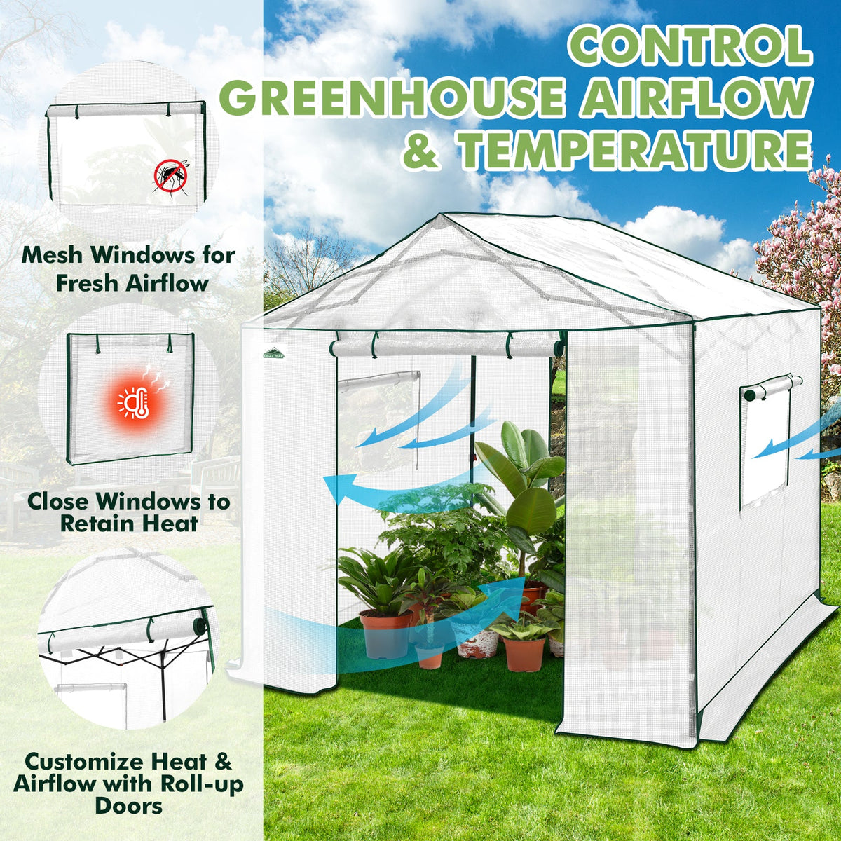 6x6/ 8x8/ 10x10 Portable Pop Up Greenhouse, Patented Center Lock with Gable Roof - Eagle Peak®