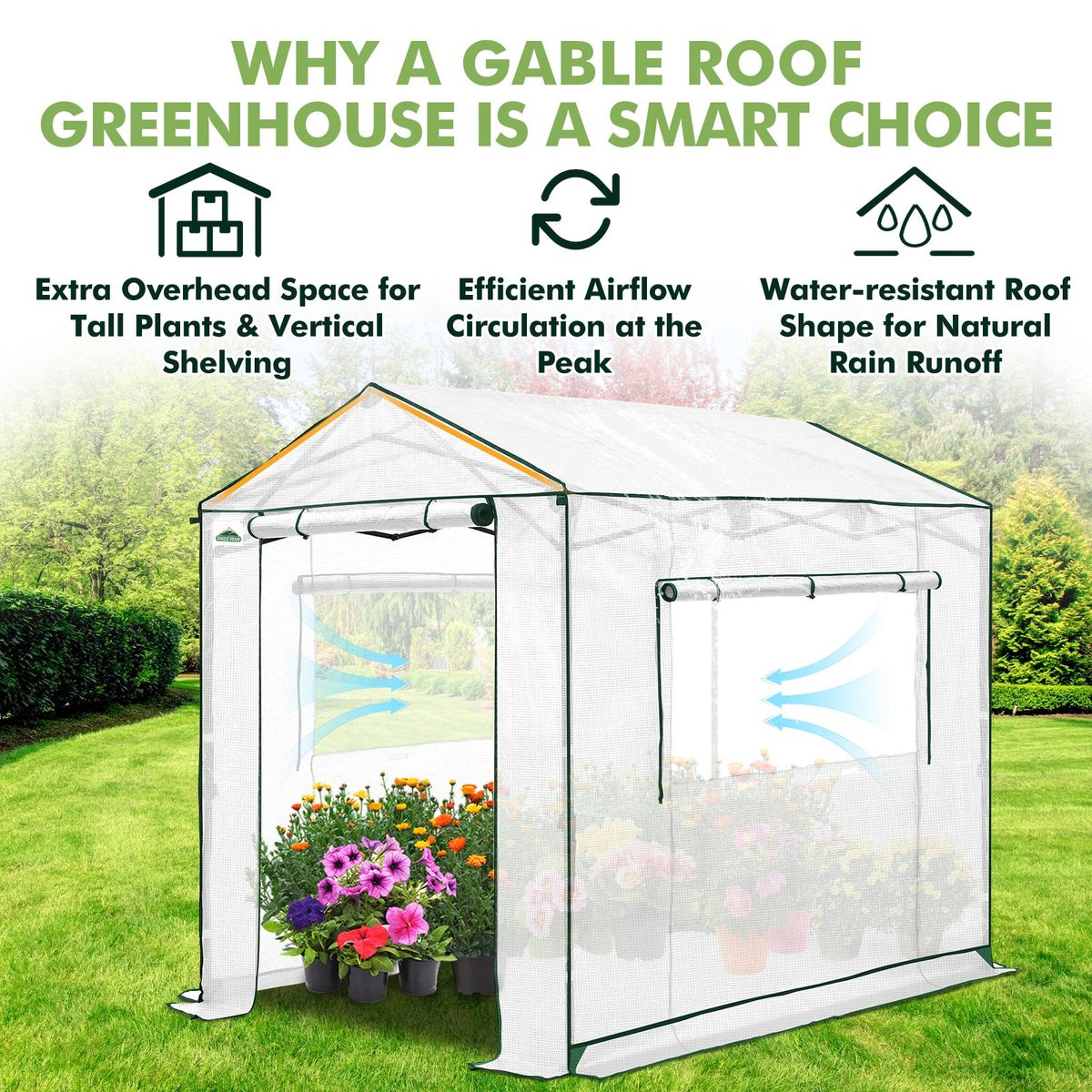6x6/ 8x8/ 10x10 Portable Pop Up Greenhouse, Patented Center Lock with Gable Roof - Eagle Peak®