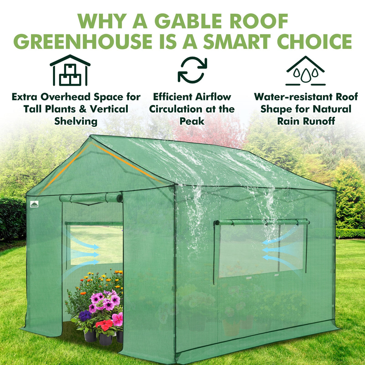 6x6/ 8x8/ 10x10 Portable Pop Up Greenhouse, Patented Center Lock with Gable Roof - Eagle Peak®