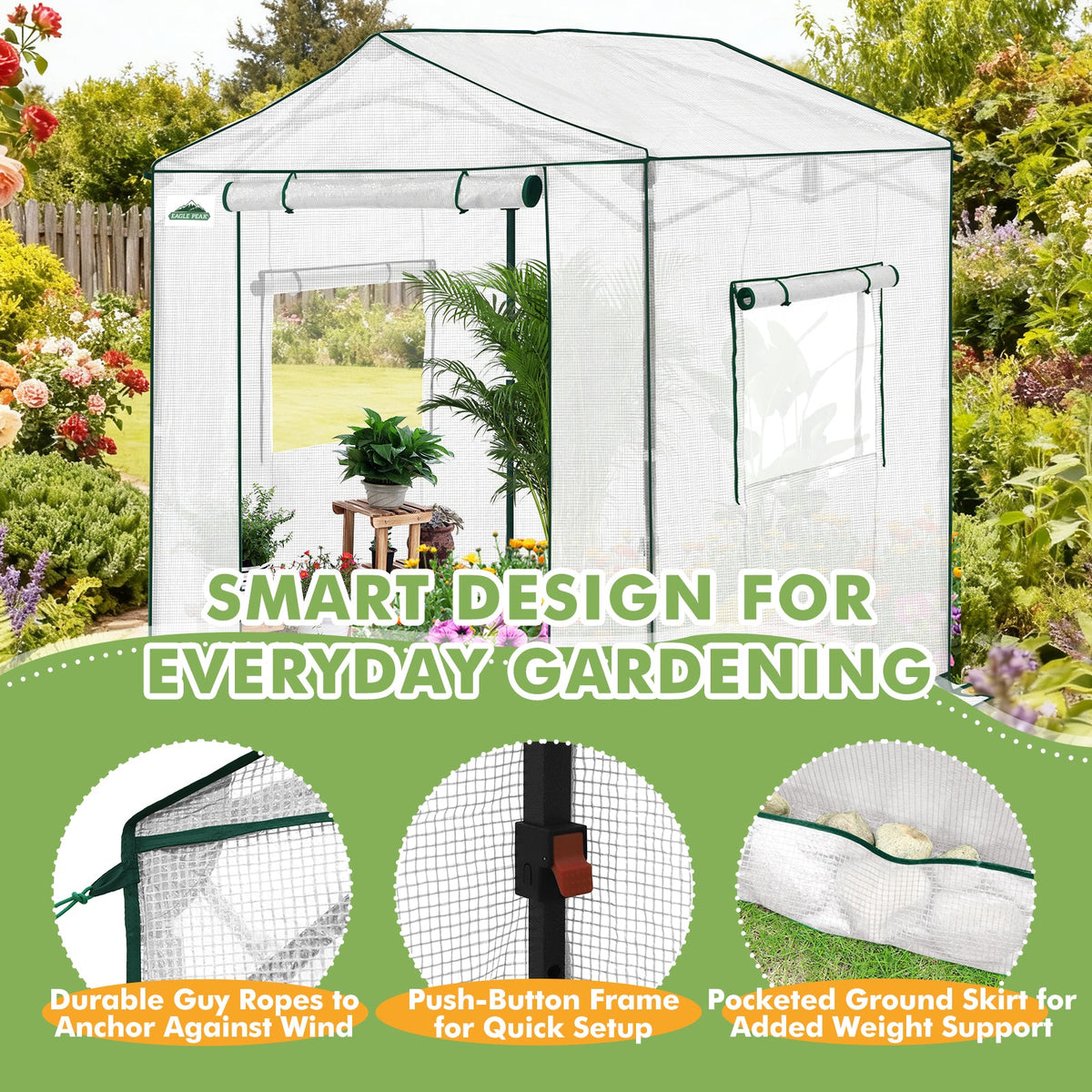 6x6/ 8x8/ 10x10 Portable Pop Up Greenhouse, Patented Center Lock with Gable Roof - Eagle Peak®