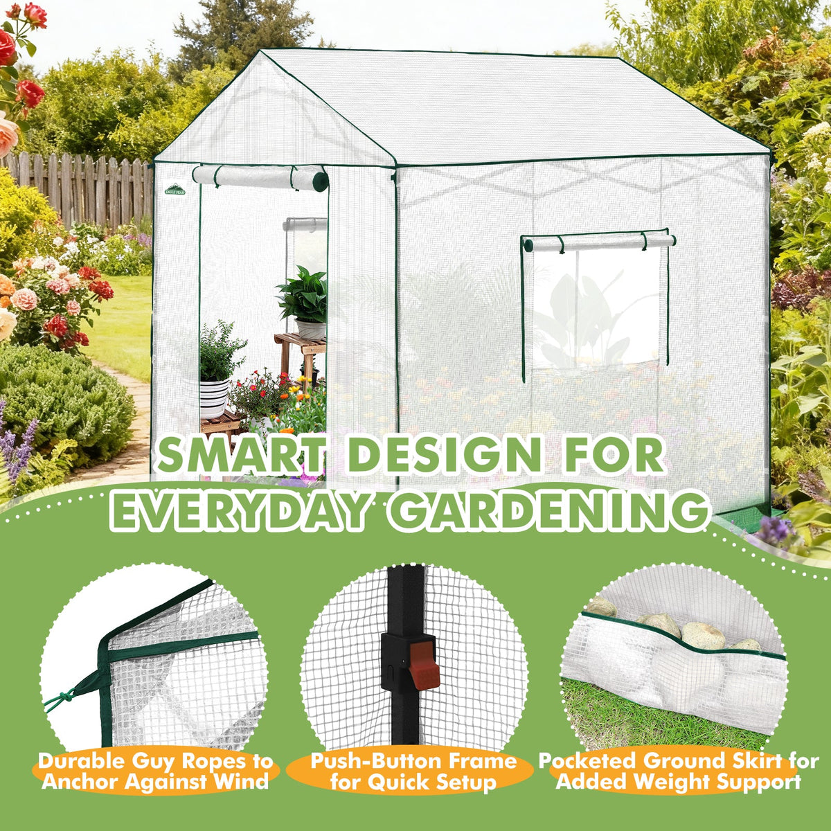 6x6/ 8x8/ 10x10 Portable Pop Up Greenhouse, Patented Center Lock with Gable Roof - Eagle Peak®