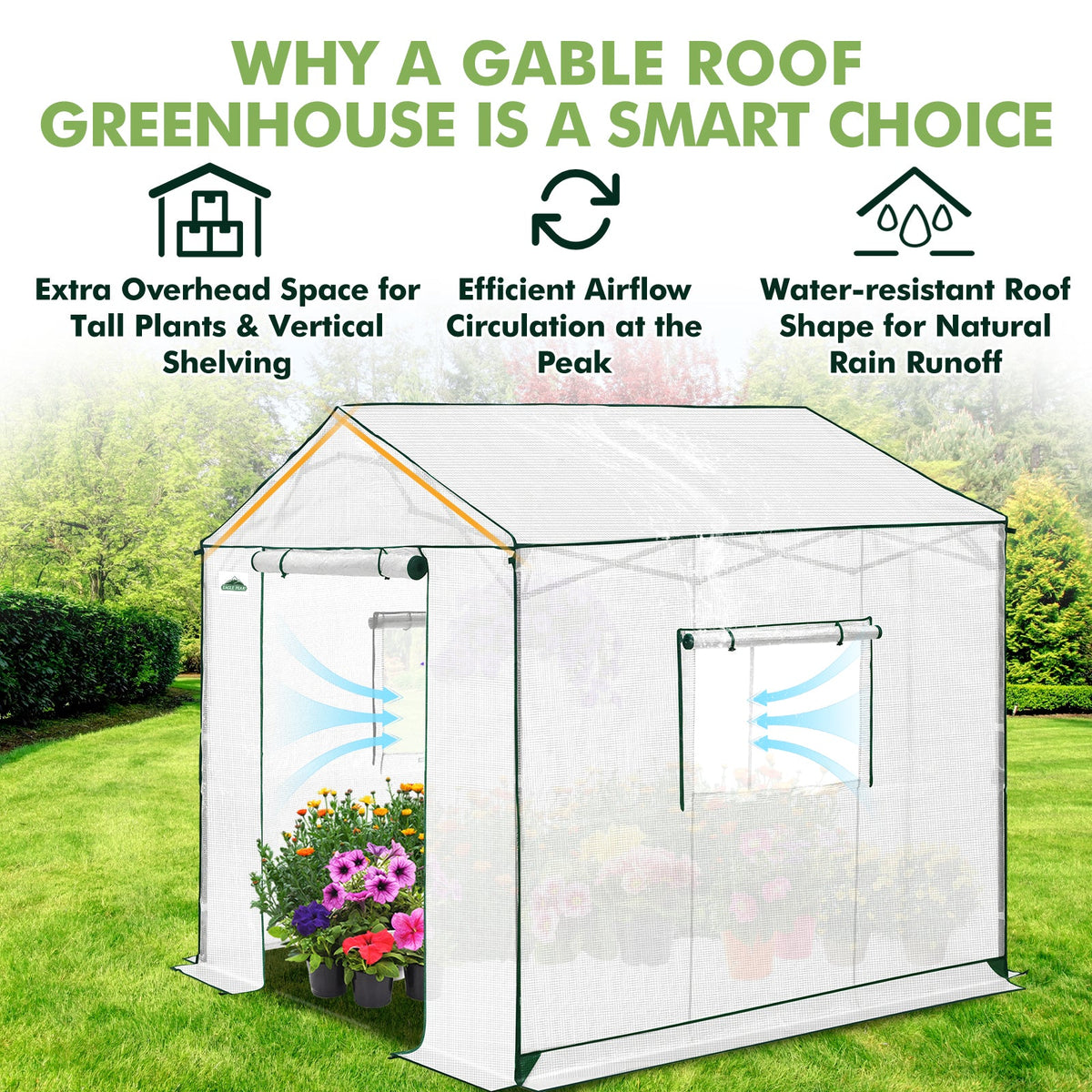 6x6/ 8x8/ 10x10 Portable Pop Up Greenhouse, Patented Center Lock with Gable Roof - Eagle Peak®