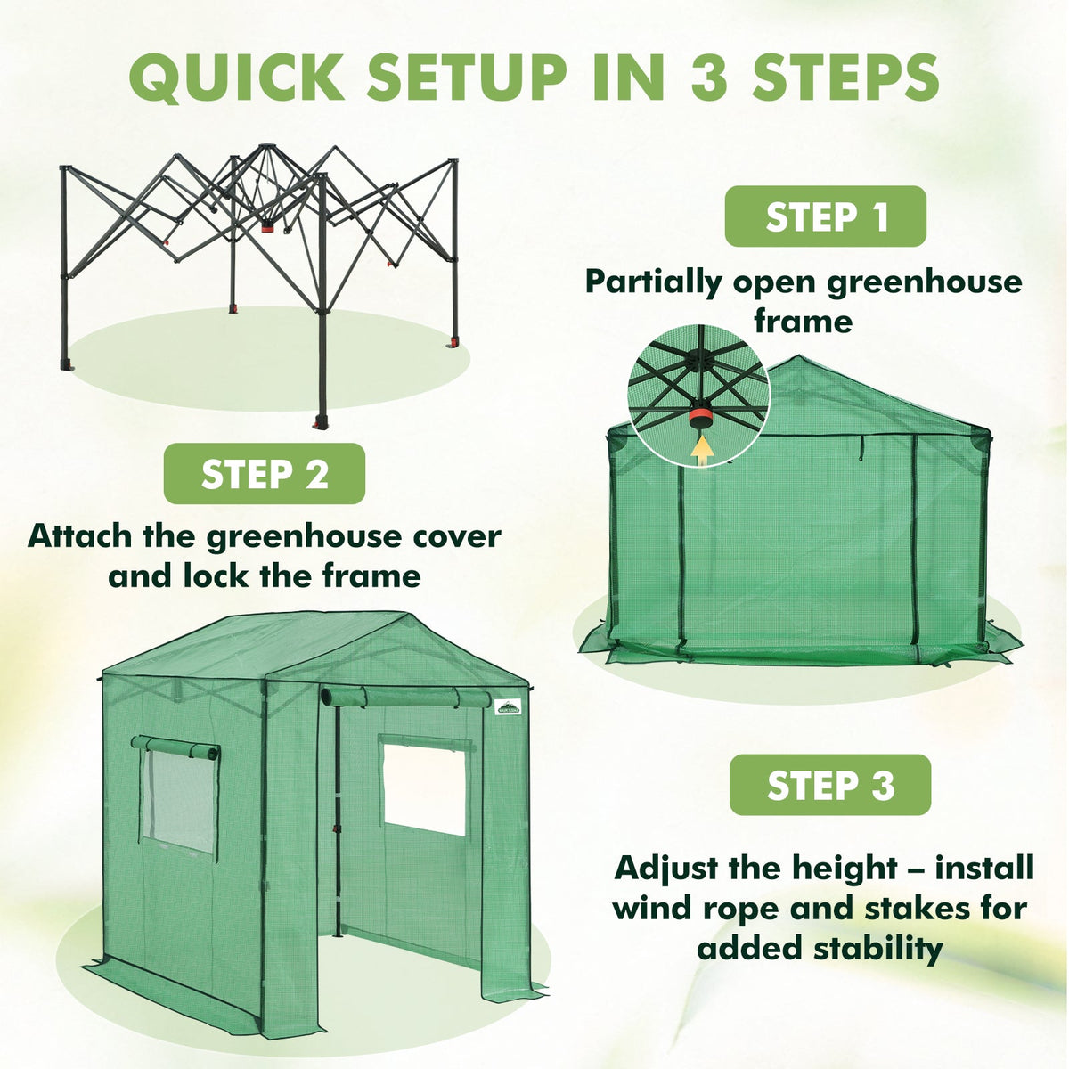 6x6/ 8x8/ 10x10 Portable Pop Up Greenhouse, Patented Center Lock with Gable Roof - Eagle Peak®