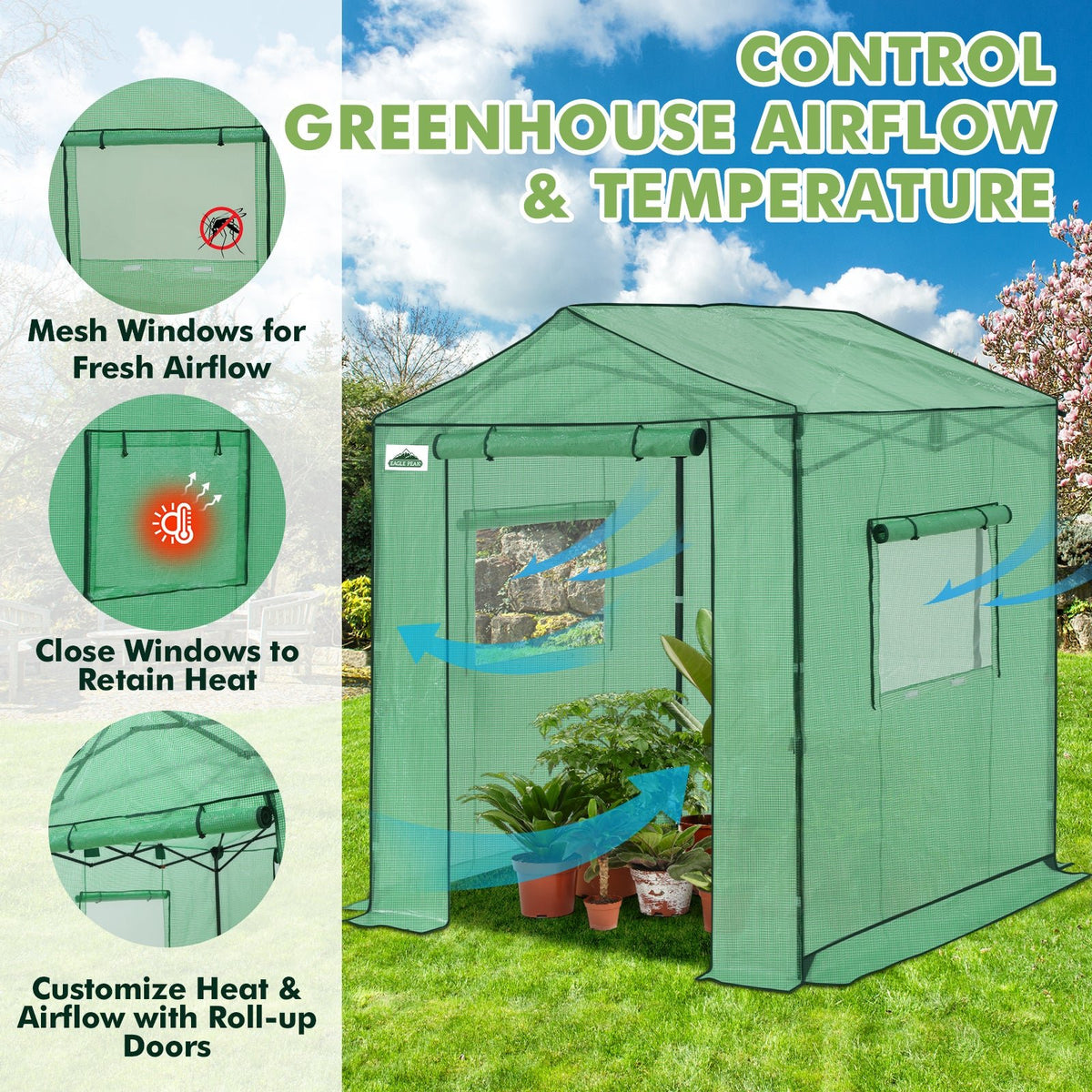 6x6/ 8x8/ 10x10 Portable Pop Up Greenhouse, Patented Center Lock with Gable Roof - Eagle Peak®
