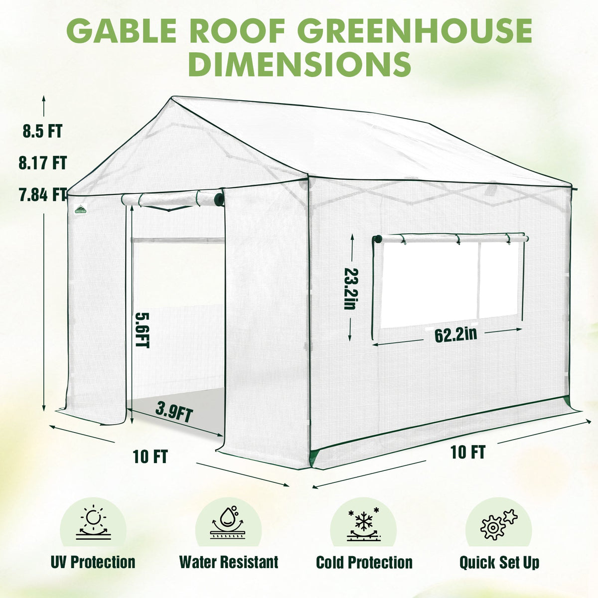 6x6/ 8x8/ 10x10 Portable Pop Up Greenhouse, Patented Center Lock with Gable Roof - Eagle Peak®
