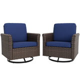 Ocean Vista Outdoor Wicker Patio Chairs Deep Cushions Rattan Furniture, Set of 2 Swivel Rocking Chairs, Beige/Blue