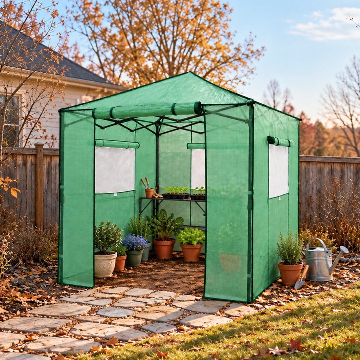 7x7 Easy Setup Pop Up Greenhouse, 2 Folding Shelves - Eagle Peak®