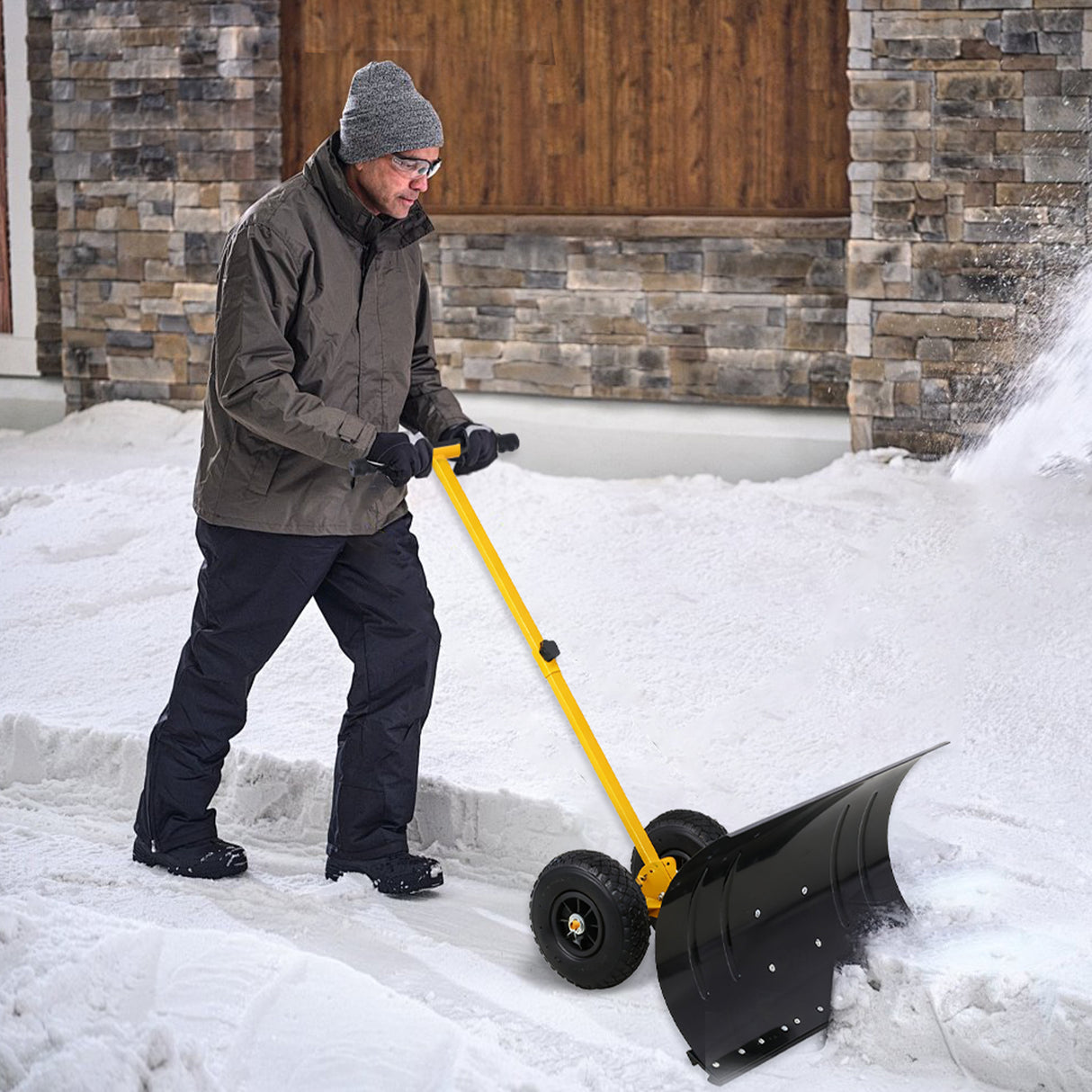 Wheeled Snow Shovel for Driveway 29”x16.5” Blade, Single/Dual Rod