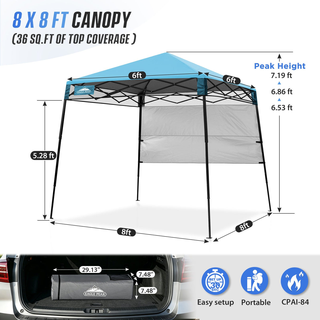 8x8 Pop Up Canopy Tent with Sidewall,8x8 Base 6x6 Top - Eagle Peak®