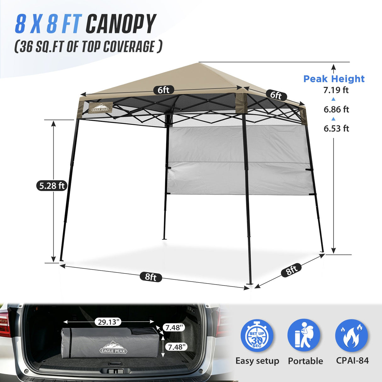 8x8 Pop Up Canopy Tent with Sidewall,8x8 Base 6x6 Top - Eagle Peak®